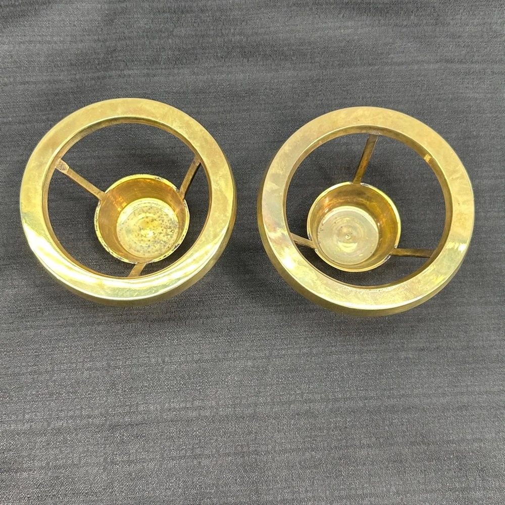 Vtg Crate & Barrel Set 2 Blown Glass Bowls W/Solid Brass Candle Inserts Stickers